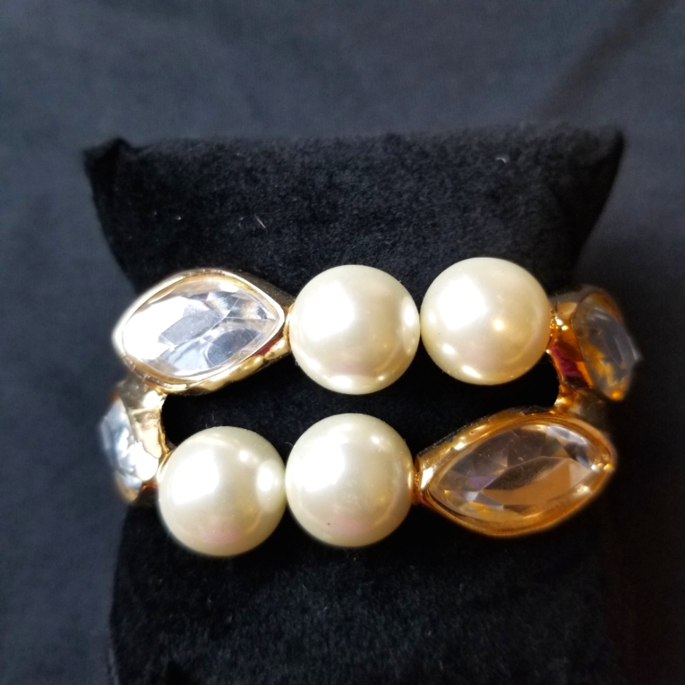 Faux Pearl Rhinestone Goldtone Hinged Bracelet